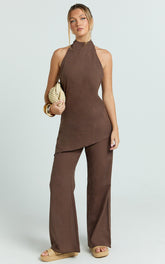 Paige Two Piece Set - Halter Top and Wide Leg Pant Set in Chocolate
