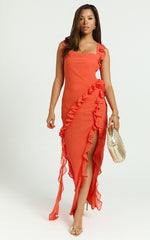Palmer Maxi Dress - Ruffle Strap High Split Dress in Orange