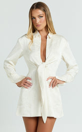 Paola Mini Dress - Tie Front Collared Skirt Dress in Off White