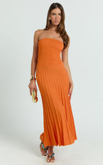 Paris Midi Dress - Strapless Drop Waist Pleated Knit Dress in Orange