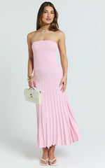 Paris Midi Dress - Strapless Drop Waist Pleated Knit Dress in Pink