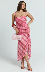 Pascal Midi Dress - Mesh Spaghetti Strap Split Dress in Cherry Check Print