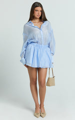 Pascal Mini Dress - Button Down Elastic Waist Shirt Dress in Cornflower Blue