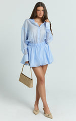 Pascal Mini Dress - Button Down Elastic Waist Shirt Dress in Cornflower Blue