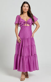 Patricia Midi Dress - Flutter Sleeve Tie Front Tiered Dress in Orchid