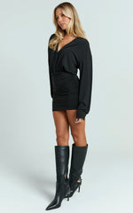 Pearce Mini Dress - Ruched Jersey Shirt Dress in Black