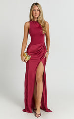 Pepper Maxi Dress - High Neck Bodysuit with Draped Skirt in Cherry