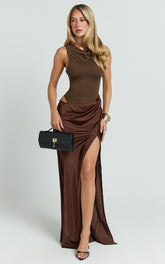 Pepper Maxi Dress - High Neck Bodysuit with Draped Skirt in Chocolate