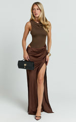 Pepper Maxi Dress - High Neck Bodysuit with Draped Skirt in Chocolate