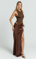 Pepper Maxi Dress - High Neck Bodysuit with Draped Skirt in Chocolate