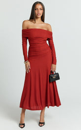 Perla Maxi Dress - Off The Shoulder Sleeve Drop Waist Dress in Red