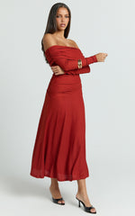 Perla Maxi Dress - Off The Shoulder Sleeve Drop Waist Dress in Red