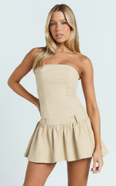Perry Mini Dress - Drop Waist Strapless Dress in Stone