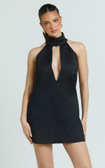 Polly Mini Dress - High Neck Keyhole Shift Dress in Black