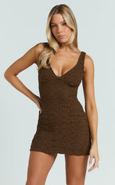 Portia Mini Dress - V Neck Textured Jersey Bodycon Mini Dress in Chocolate