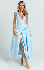 Posie Midi Dress - Jacquard Fit And Flare Dress in Blue