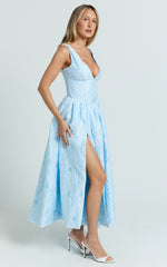 Posie Midi Dress - Jacquard Fit And Flare Dress in Blue