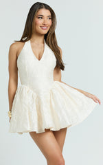 Posie Mini Dress - Plunge Fit And Flare Dress in Cream
