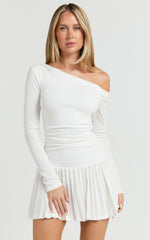 Presley Mini Dress - One Shoulder Ruched Side Pleated Fit And Flare Dress in Cream