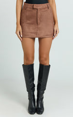 Priscilla Mini Skirt - Mid Waist Faux Suede Skirt in Brown Tan