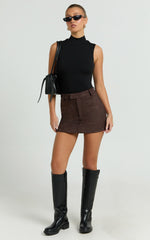Priscilla Mini Skirt - Mid Waist Faux Suede Skirt in Dark Chocolate