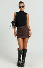Priscilla Mini Skirt - Mid Waist Faux Suede Skirt in Dark Chocolate