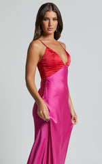 Quincy Maxi Dress - Satin Slip Dress in Pink/Red