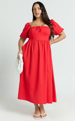 Quinn Midi Linen Blend Dress - Puff Sleeve Square Neck Dress in Red
