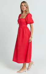 Quinn Midi Linen Blend Dress - Puff Sleeve Square Neck Dress in Red