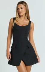 Rachel Midi Dress - Square Scoop Neck Buckle Pocket Leg Split Knee Length Dress in Black