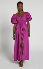 Raiza Midi Dress - Shirred Waist Puff Sleeve Dress in Orchid