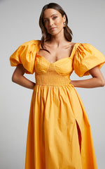 Raiza Midi Dress - Shirred Waist Puff Sleeve Dress in MARIGOLD