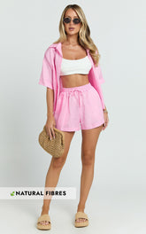 Ramona Linen Shorts - Drawstring Linen Shorts in Pink