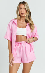 Ramona Linen Shorts - Drawstring Linen Shorts in Pink
