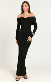 Rani Maxi Dress - Off Shoulder Long Sleeve Bodycon Dress in Black