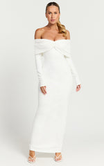 Rani Maxi Dress - Off Shoulder Long Sleeve Bodycon Dress in Off White