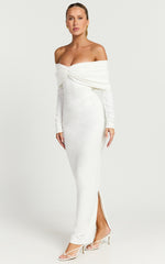Rani Maxi Dress - Off Shoulder Long Sleeve Bodycon Dress in Off White