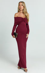 Rani Maxi Dress - Off Shoulder Long Sleeve Bodycon Dress in Wine