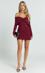 Rani Mini Dress - Off Shoulder Long Sleeve Bodycon Dress in Wine