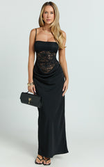 Rania Maxi Dress - Contrast Lace Bodice Bias Cowl Drop Waist Dress in Black
