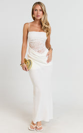 Rania Maxi Dress - Contrast Lace Bodice Bias Cowl Drop Waist Dress in Cream