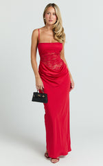 Rania Maxi Dress - Contrast Lace Bodice Bias Cowl Drop Waist Dress in Red