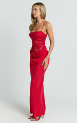 Rania Maxi Dress - Contrast Lace Bodice Bias Cowl Drop Waist Dress in Red