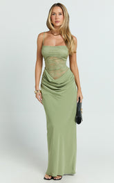 Rania Maxi Dress - Contrast Lace Bodice Bias Cowl Drop Waist Dress in Sage