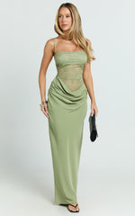 Rania Maxi Dress - Contrast Lace Bodice Bias Cowl Drop Waist Dress in Sage
