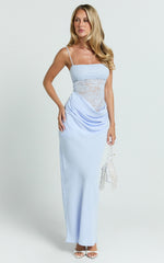 Rania Maxi Dress - Contrast Lace Bodice Bias Cowl Drop Waist Dress in Soft Blue