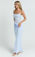 Rania Maxi Dress - Contrast Lace Bodice Bias Cowl Drop Waist Dress in Soft Blue