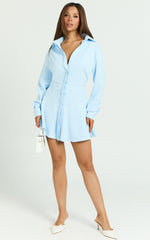 Raquel Mini Dress - Collared Long Sleeve Fit And Flare Shirt Dress in Cornflower Blue