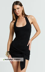 Raquel Mini Dress - Wrap Waist Knit Halter Neck Mini Dress in Black