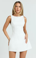 Raquelle Mini Dress - Boucle Boat Neck V Back Fit and Flare Dress in White